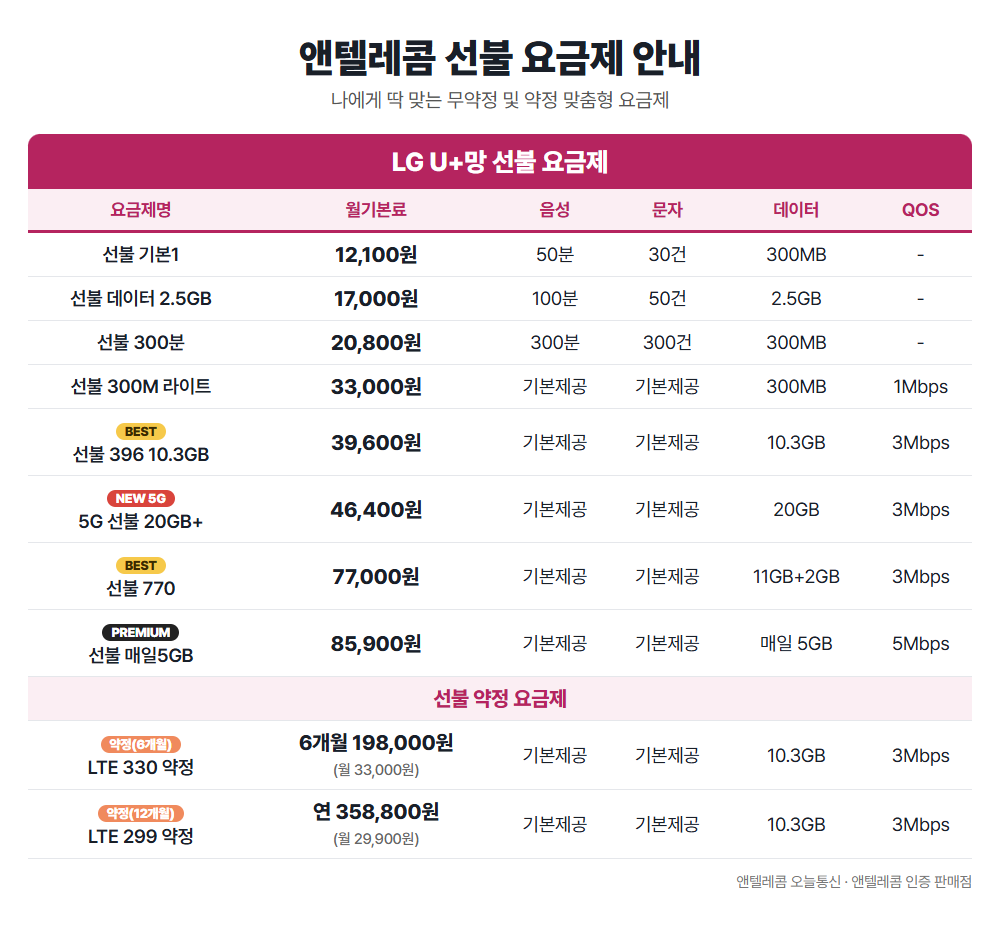 LG U+망 선불 요금제표