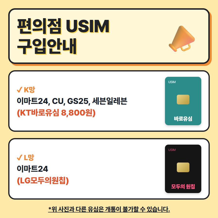 편의점 USIM 구입 안내 — K망 이마트24·CU·GS25·세븐일레븐 KT바로유심, L망 이마트24 LG모두의원칩